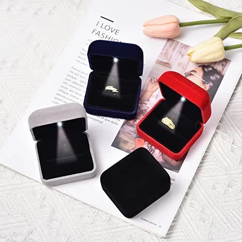 Omeet LED Velvet Ring Box for Proposal, Engagement, Wedding, Slim - Grey | Compact Jewelry Storage Case thumbnail 6