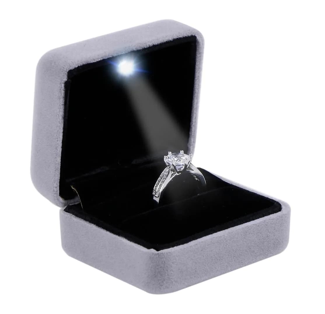 Omeet LED Velvet Ring Box for Proposal, Engagement, Wedding, Slim - Grey | Compact Jewelry Storage Case — Grey