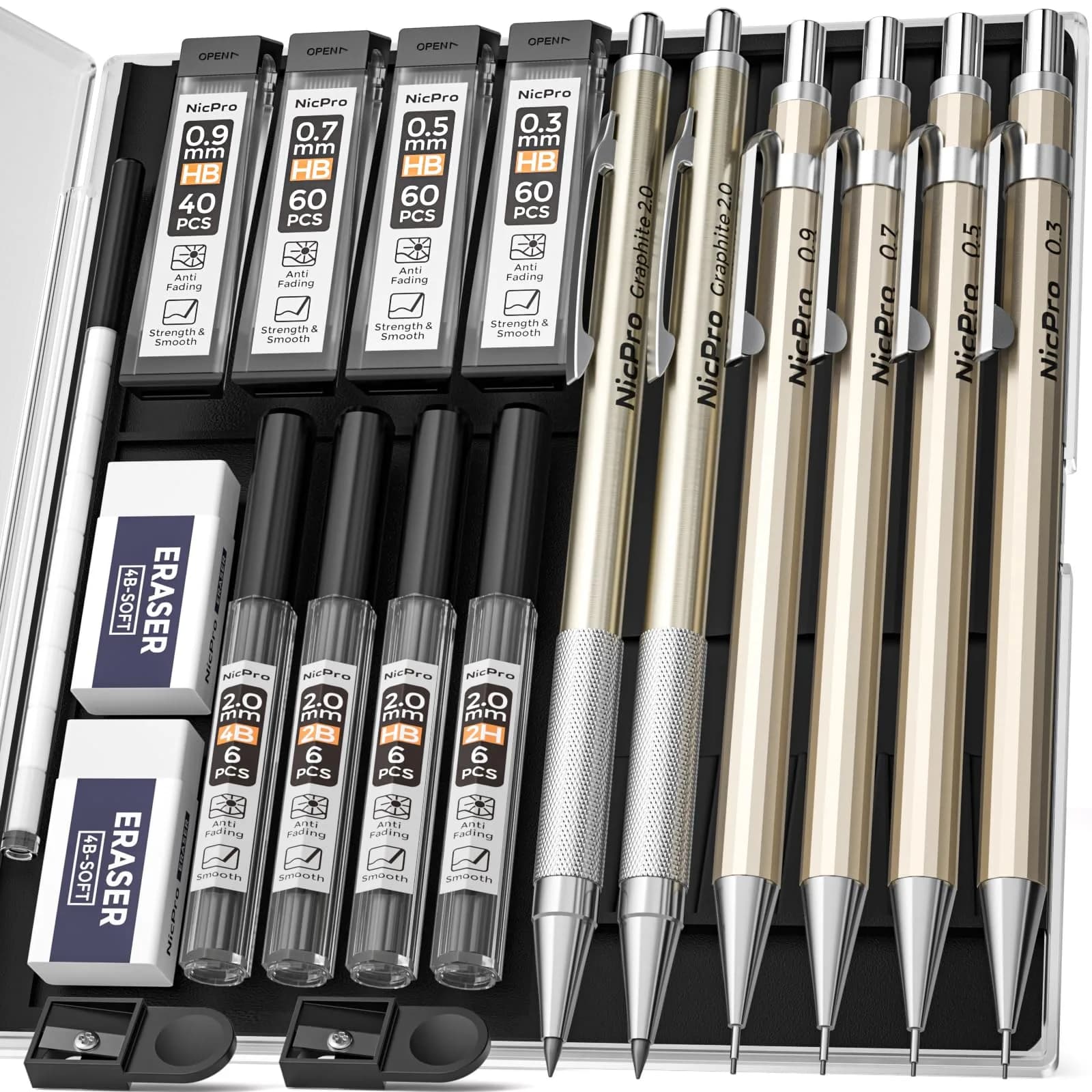 Nicpro 6PCS Metal Mechanical Pencil Set, Full Copper Drafting Pencil 0.3, 0.5, 0.7, 0.9 mm & 2PCS 2mm Graphite Lead Holder for Art Sketching Drawing — Gold
