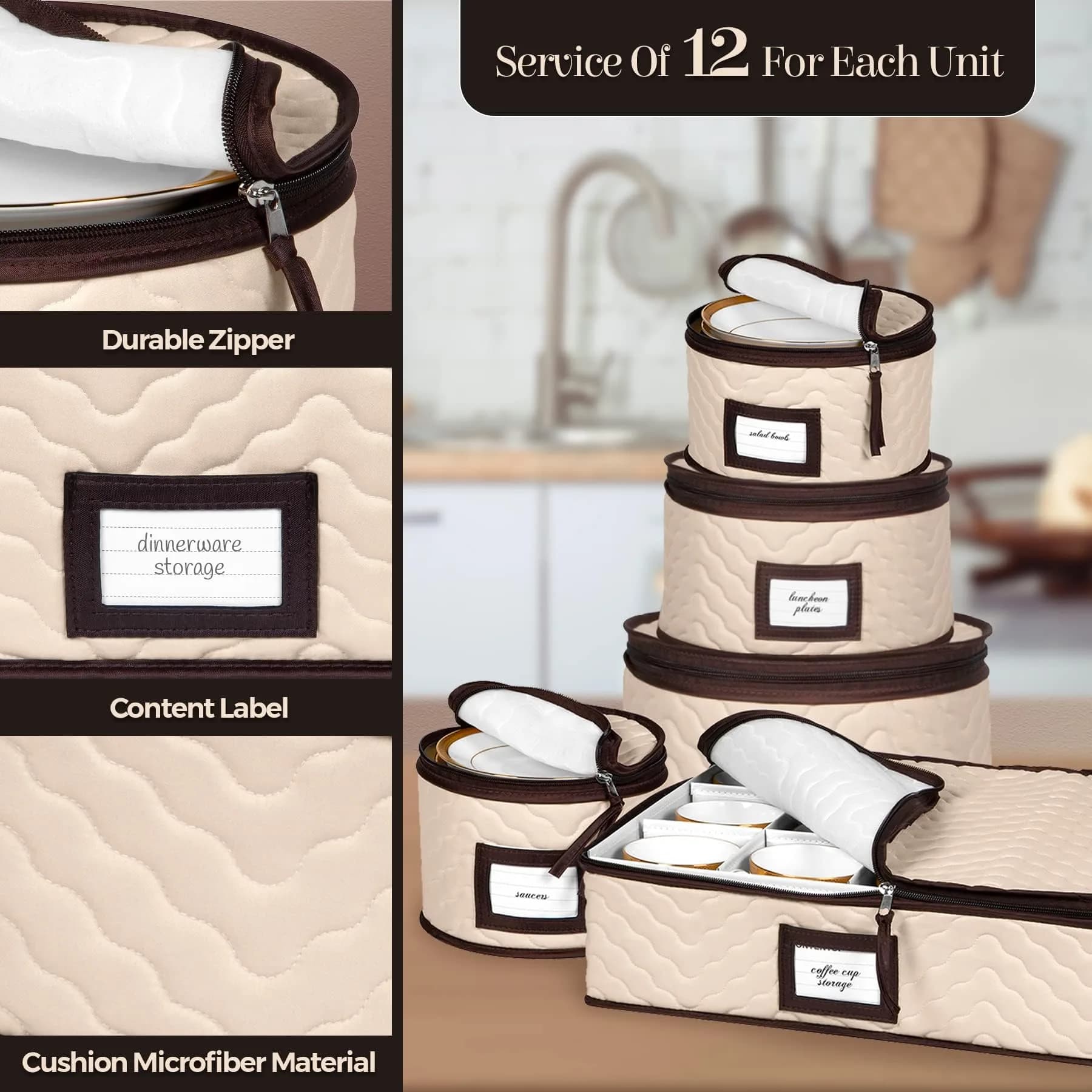HOLDN’ STORAGE 5-Piece China Storage Container Set for 12 Place Settings | Quilted Microfiber with Dividers - view 6
