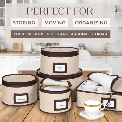 HOLDN’ STORAGE Beige 5-Piece Quilted Microfiber China Storage Set with Dividers for 12 Place Settings - view 2