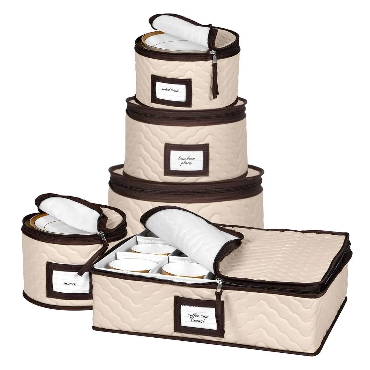 HOLDN’ STORAGE 5-Piece China Storage Set for 12 Place Settings | Quilted Microfiber with Dividers — Beige / 5 Piece Storage Set