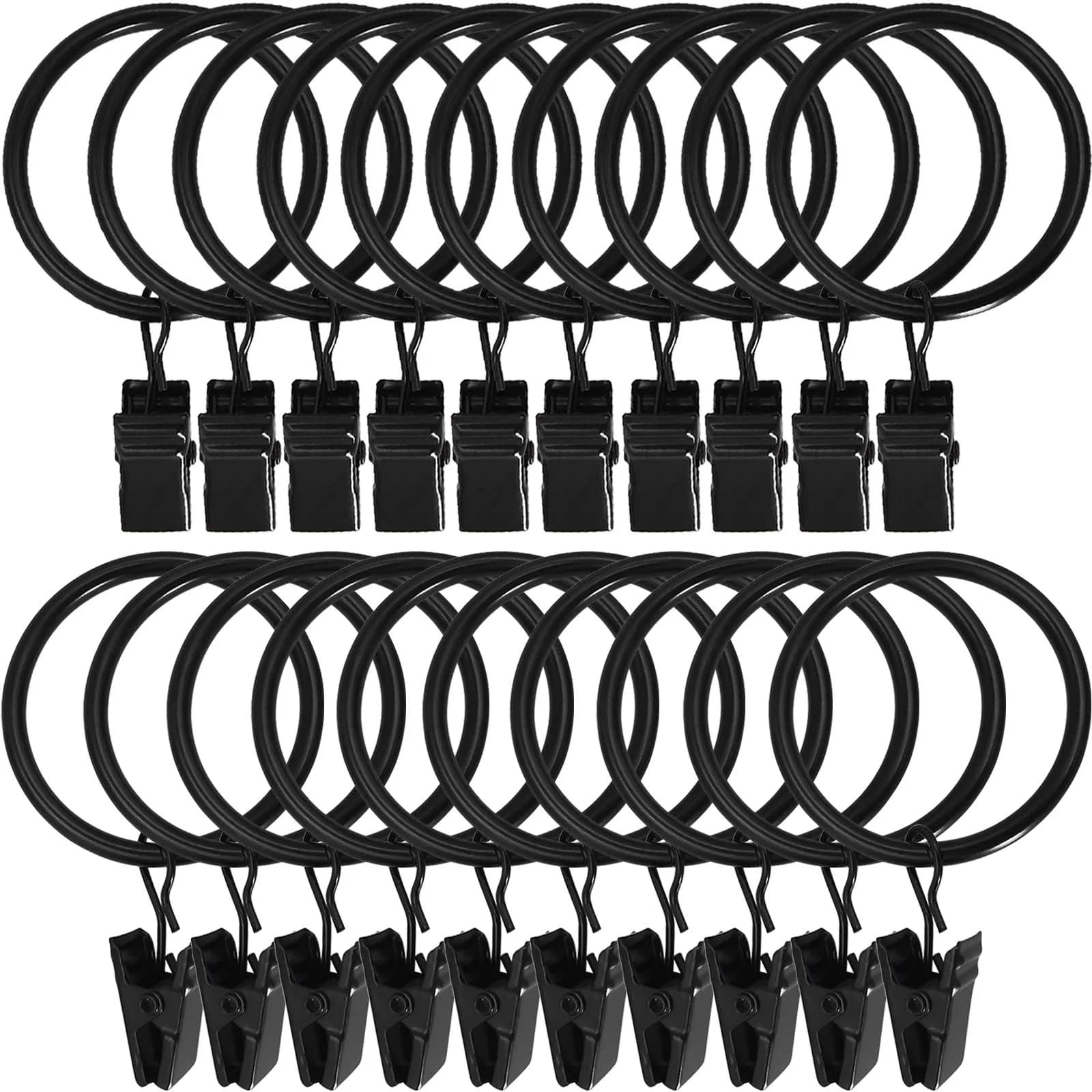 LLPJS Curtain Rings with Clips 1.5 inch ID | 20 Pack Black Durable Metal