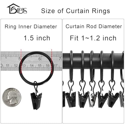 LLPJS Curtain Rings with Clips 1.5 inch ID | 20 Pack Black Durable Metal thumbnail 3