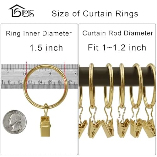 LLPJS Curtain Rings with Clips 1.5 inch ID | Gold 60 Pack for Elegant Drapery (70-120 chars) thumbnail 3