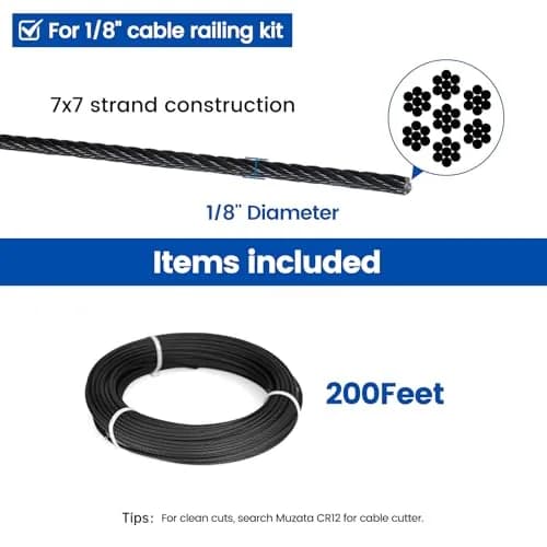 Muzata 200ft 1/8" Black T316 Stainless Steel Cable Railing Wire Rope WR19 | Modern Black Finish, Rust-Resistant, 1800 lbs Strength thumbnail 2