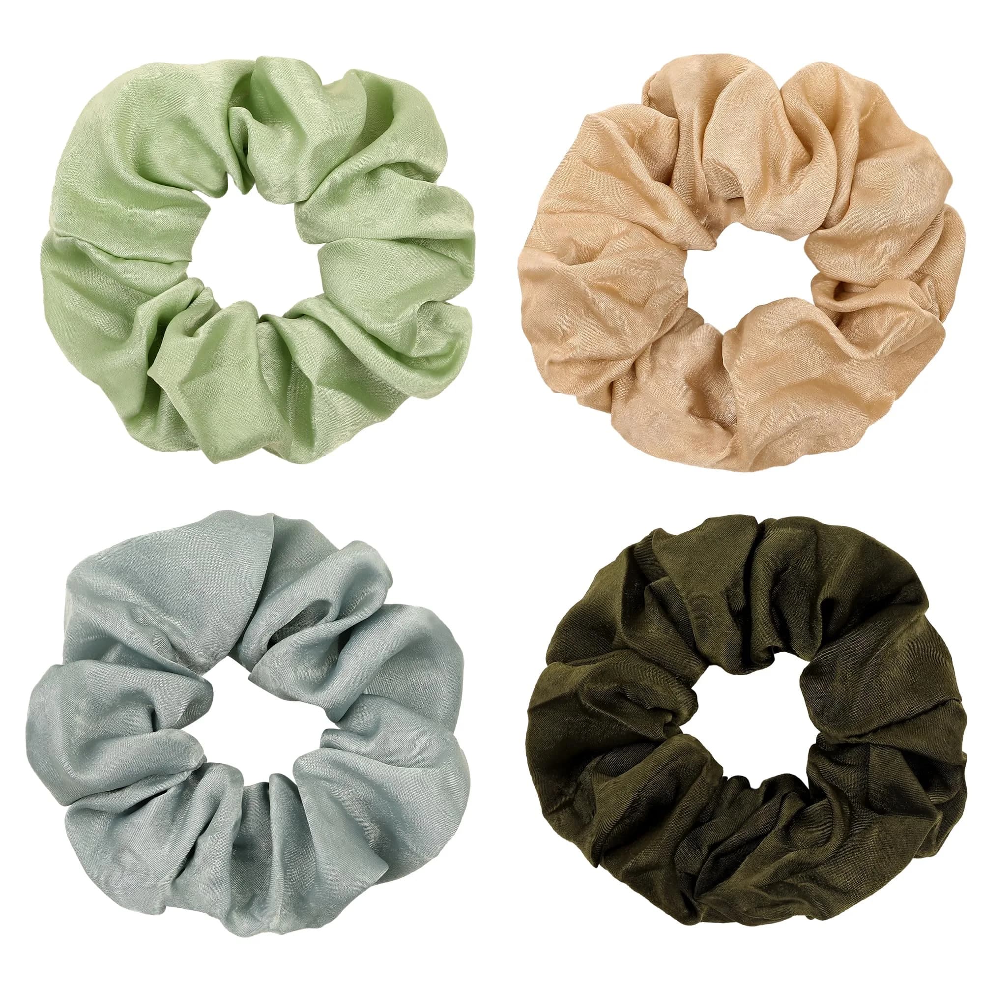 Ivyu Silk Satin Scrunchies for Women - 4-Pack, Gray Dark Green Light Green Beige | Gentle Hold for All Hair Types — Gray Dark Green Light Green Beige