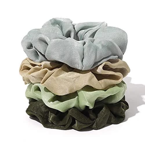 Ivyu Silk Satin Scrunchies for Women - 4-Pack, Gray Dark Green Light Green Beige | Gentle Hold for All Hair Types thumbnail 4