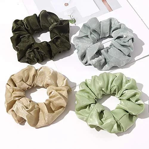 Ivyu Silk Satin Scrunchies for Women - 4-Pack, Gray Dark Green Light Green Beige | Gentle Hold for All Hair Types thumbnail 7