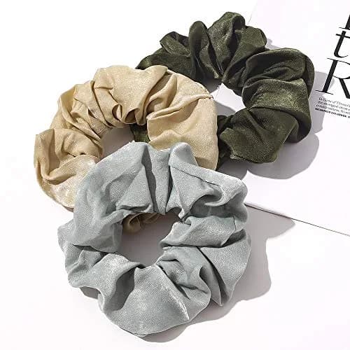 Ivyu Silk Satin Scrunchies for Women - 4-Pack, Gray Dark Green Light Green Beige | Gentle Hold for All Hair Types thumbnail 8