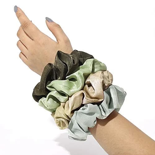 Ivyu Silk Satin Scrunchies for Women - 4-Pack, Gray Dark Green Light Green Beige | Gentle Hold for All Hair Types thumbnail 2