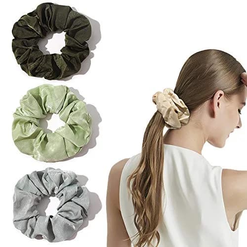 Ivyu Silk Satin Scrunchies for Women - 4-Pack, Gray Dark Green Light Green Beige | Gentle Hold for All Hair Types thumbnail 3