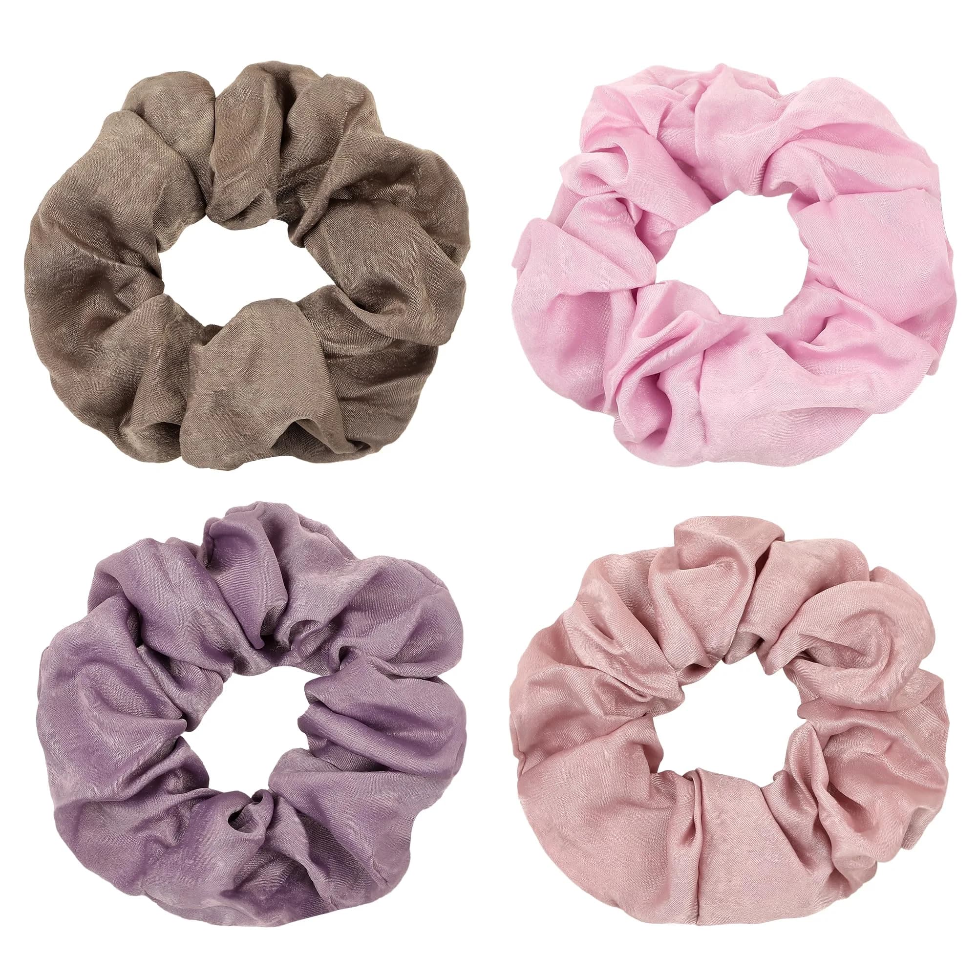 Ivyu Silk Satin Scrunchies - No Crease Hair Ties for Women, Thick Hair Ponytail Holders with Soft Elastic Bands (4 Count, Gray Pink Light Pink Light Purple)