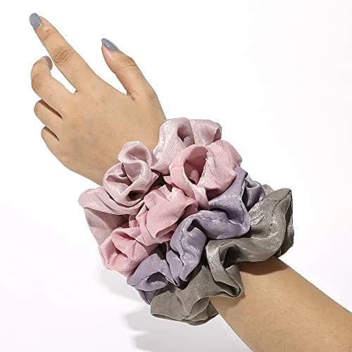 Ivyu Silk Satin Scrunchies - No Crease Hair Ties for Women, Thick Hair Ponytail Holders with Soft Elastic Bands (4 Count, Gray Pink Light Pink Light Purple) thumbnail 2