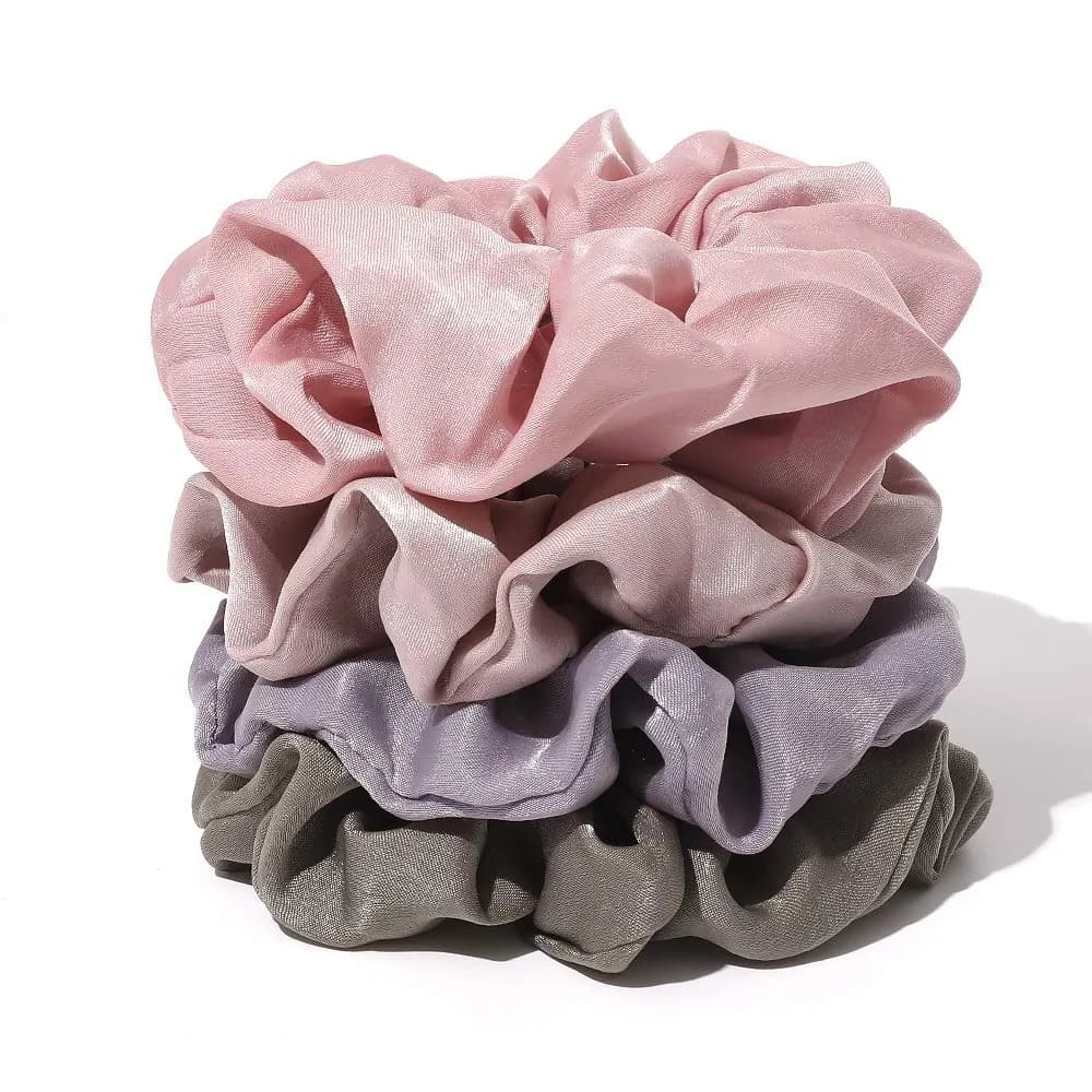 Ivyu Silk Satin Scrunchies - No Crease Hair Ties for Women, Thick Hair Ponytail Holders with Soft Elastic Bands (4 Count, Gray Pink Light Pink Light Purple) - view 3