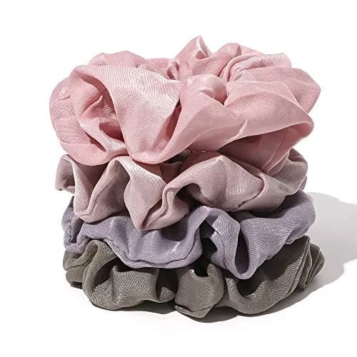 Ivyu Silk Satin Scrunchies - No Crease Hair Ties for Women, Thick Hair Ponytail Holders with Soft Elastic Bands (4 Count, Gray Pink Light Pink Light Purple) thumbnail 3