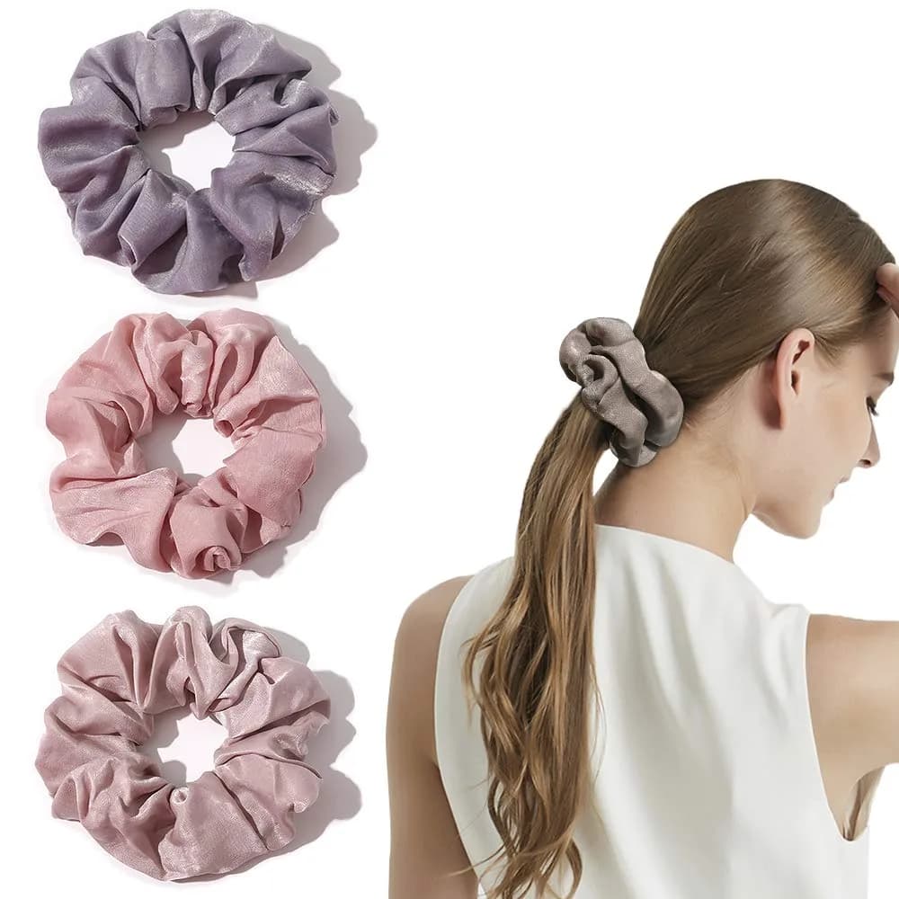 Ivyu Silk Satin Scrunchies - No Crease Hair Ties for Women, Thick Hair Ponytail Holders with Soft Elastic Bands (4 Count, Gray Pink Light Pink Light Purple) - view 4