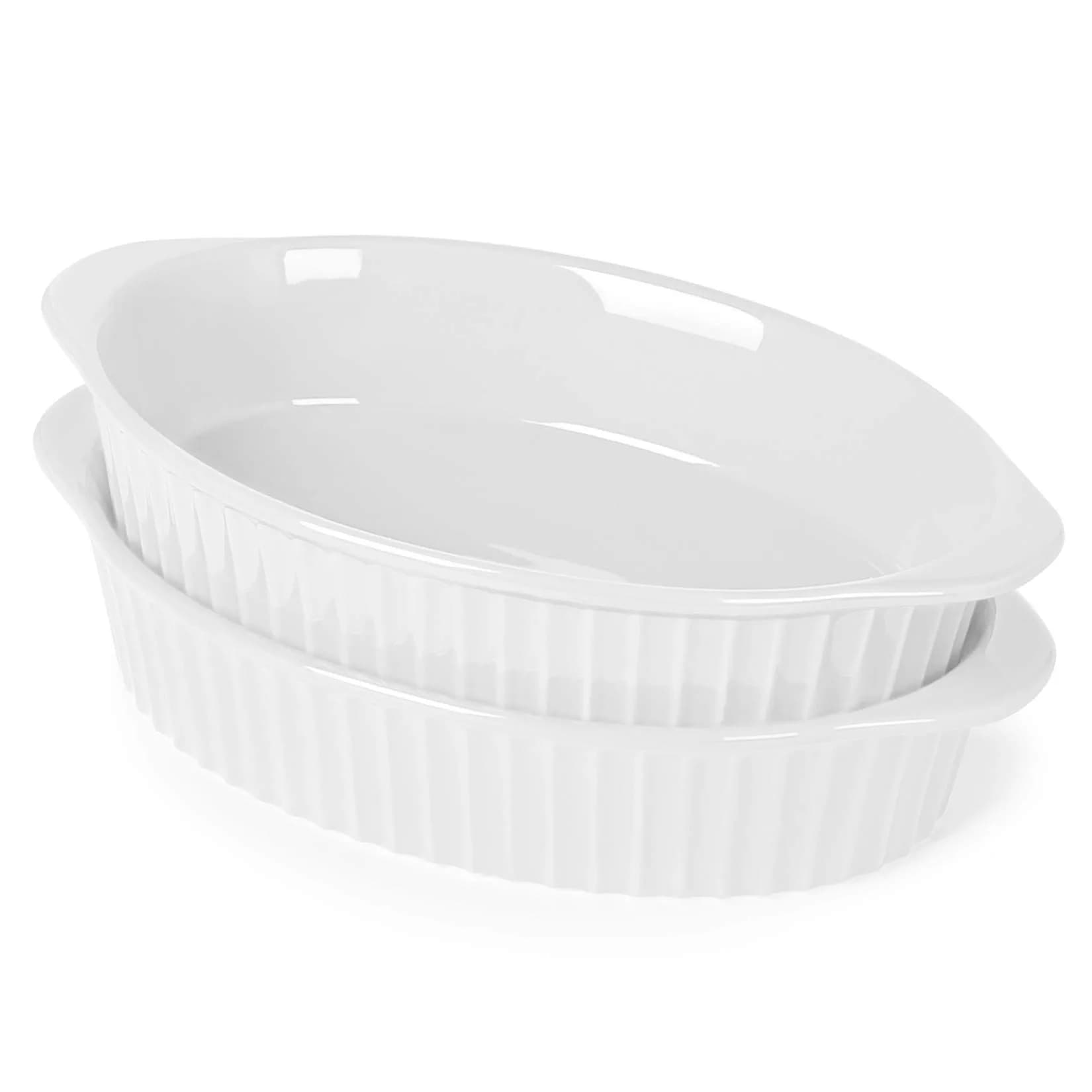 LEETOYI Porcelain Small Oval Au Gratin Pans, Baking Dish Set for 1 or 2 person servings, Bakeware with Double Handle for Kitchen and Home, Set of 2 (White) | Oven & Microwave Safe — White