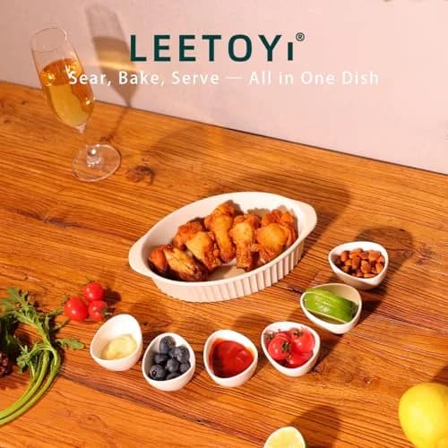 LEETOYI Porcelain Small Oval Au Gratin Pans, Baking Dish Set for 1 or 2 person servings, Bakeware with Double Handle for Kitchen and Home, Set of 2 (White) | Oven & Microwave Safe thumbnail 2