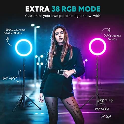 Weilisi 10" Ring Light with Stand 72'' Tall & Phone Holder | 38 Color Modes Selfie Light with Tripod, Dimmable, Speed Control, for YouTube & Makeup thumbnail 5
