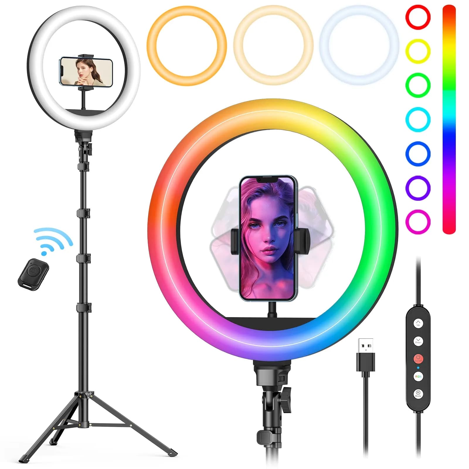 Weilisi 10" Ring Light with Stand 72'' Tall & Phone Holder | 38 Color Modes Selfie Light with Tripod, Dimmable, Speed Control, for YouTube & Makeup — RGB colors