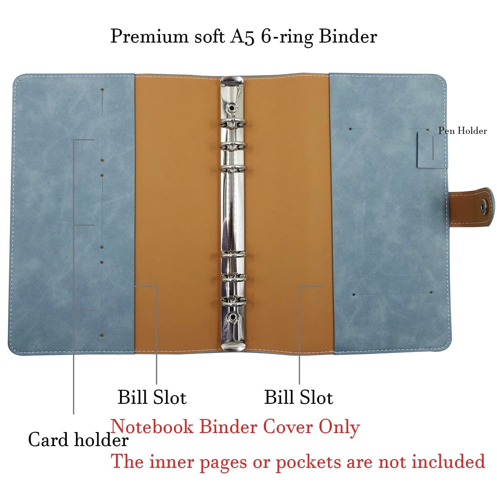 tutata A5 PU Leather Notebook Binder Cover, Refillable 6-Ring, Cyan | Holds 80-100 Sheets - view 2