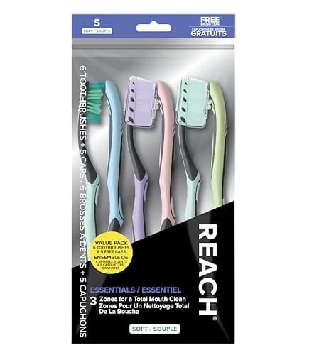 Reach Essentials Soft Toothbrushes with Toothbrush Caps, 6 Count | Bi-Level Bristles & Tongue Scraper thumbnail 1