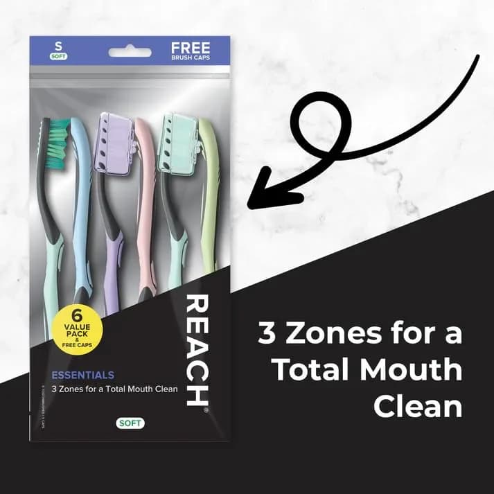 Reach Essentials Soft Toothbrushes with Toothbrush Caps, 6 Count | Bi-Level Bristles & Tongue Scraper thumbnail 2