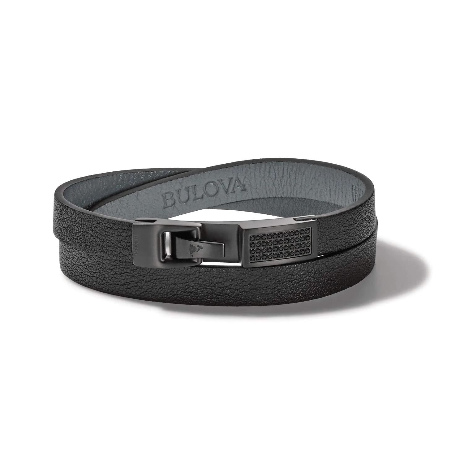 Bulova Men's Latin Grammy Double Wrap Black Leather Bracelet with Diamonds | Modern Sport Style (70-120 chars) - main product image