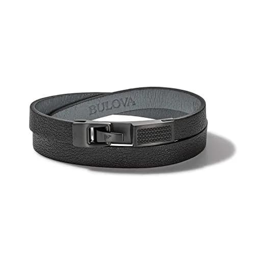 Bulova Men's Latin Grammy Double Wrap Black Leather Bracelet with Diamonds | Modern Sport Style (70-120 chars) thumbnail 1