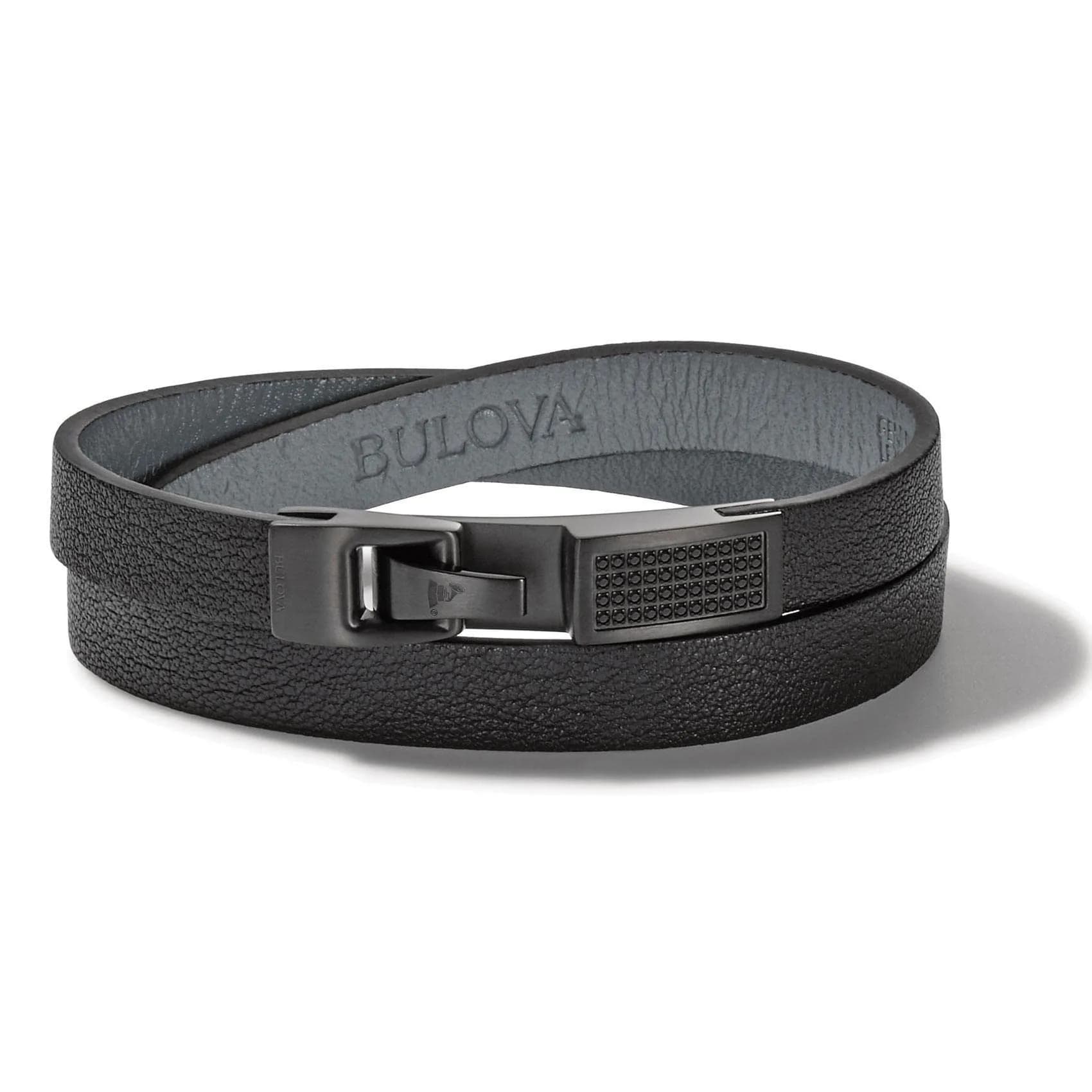 Bulova Jewelry Men's Latin Grammy Double Wrap Black Leather Bracelet with Diamonds and Clasp Closure | 7.5-8 inch Large - main product image