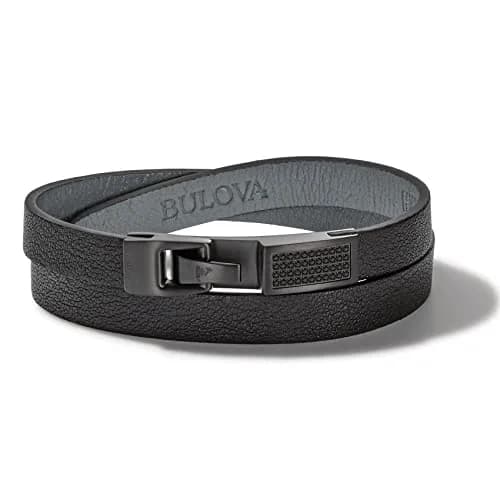 Bulova Jewelry Men's Latin Grammy Double Wrap Black Leather Bracelet with Diamonds and Clasp Closure | 7.5-8 inch Large thumbnail 1