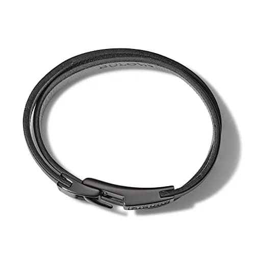 Bulova Jewelry Men's Latin Grammy Double Wrap Black Leather Bracelet with Diamonds and Clasp Closure | 7.5-8 inch Large thumbnail 2