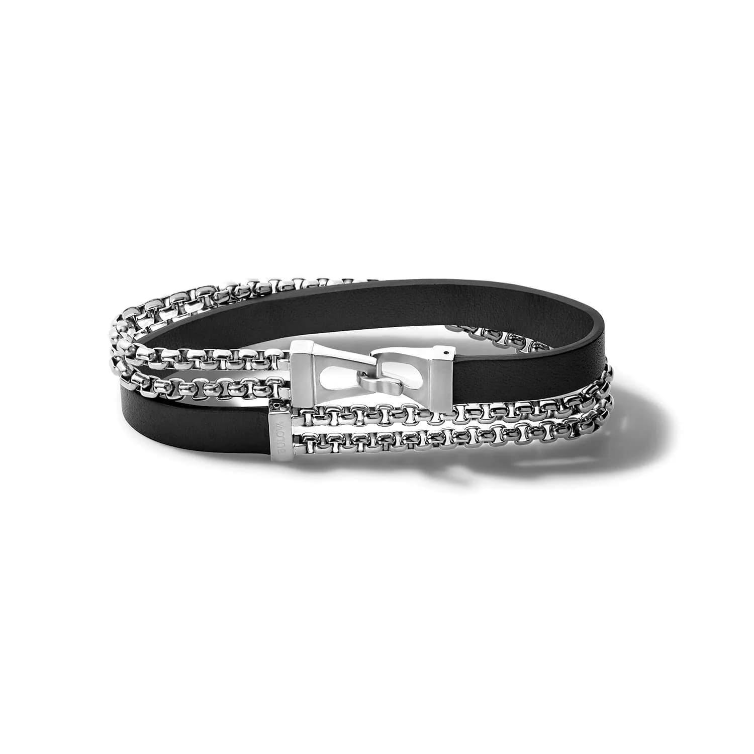 Bulova Men's Classic Double Wrap Leather & Stainless Steel Chain Bracelet | Layered Look, 7.5-8 Inches — Black Leather