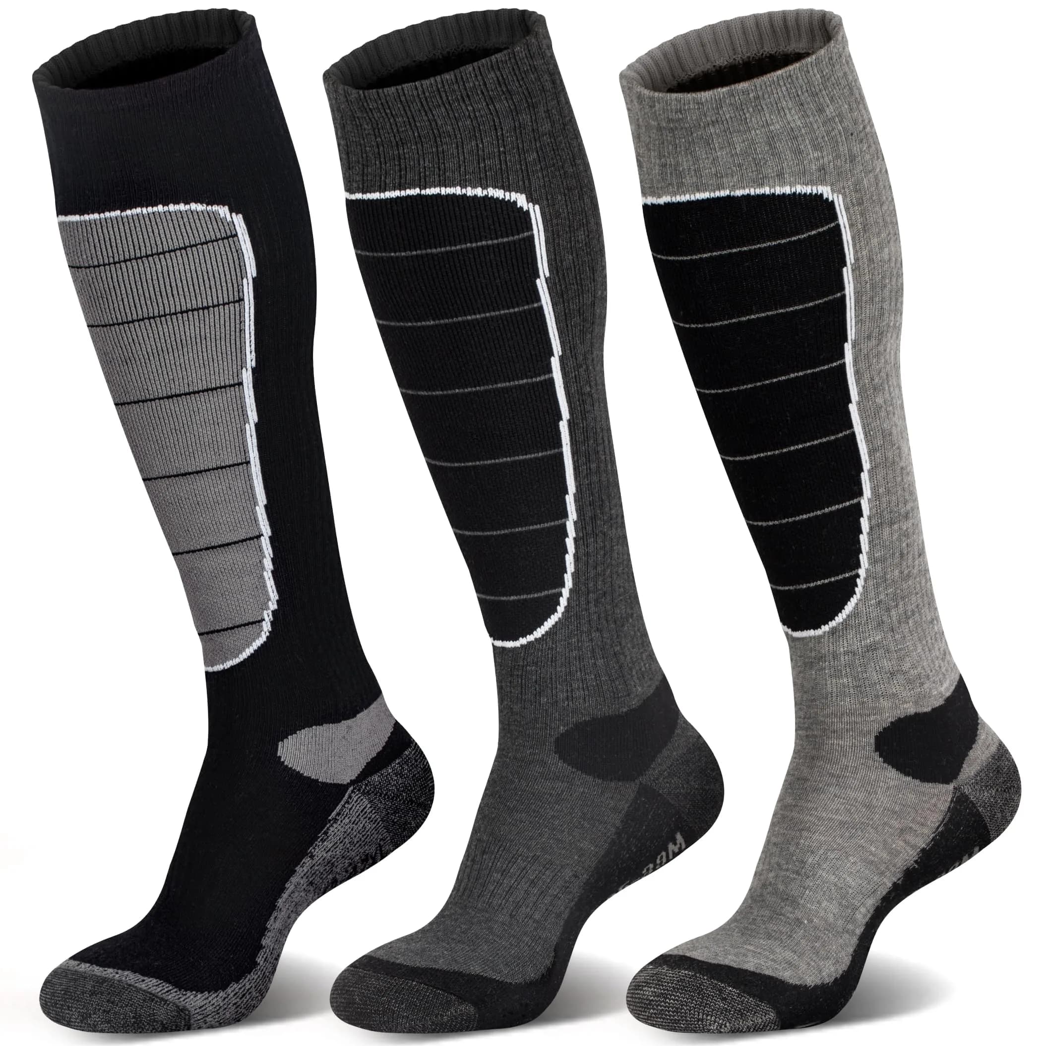 Hylaea Merino Wool Ski Socks Large | Thermal Knee-high Snowboarding Socks — Black Dark Grey Grey (3 Pairs) / Large