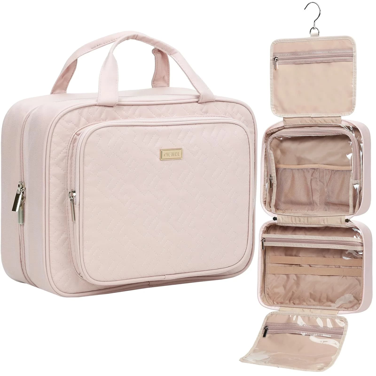 NISHEL Large Travel Toiletry Bag for Women, Pink | Hanging Organizer with Compartments