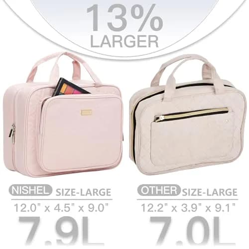 NISHEL Large Travel Toiletry Bag for Women, Pink | Hanging Organizer with Compartments thumbnail 2