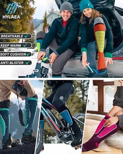 Hylaea Merino Wool Cold Weather Socks for Ski, Snowboarding, Snow, Winter, Knee-high Warm Socks, Thermal, Cushioned, Moisture Wick, Hunting, Cycling (Medium, Red Blue Green) thumbnail 2