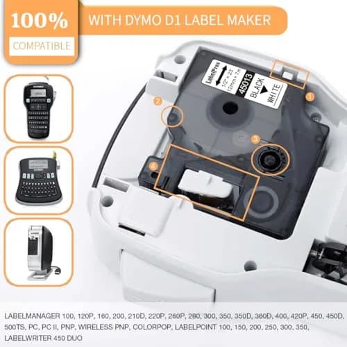 LabelPros Compatible Dymo D1 Label Tape 45013 12mm x 7m Black on White (6 Refills) | Laminated & Durable for LabelManager thumbnail 2