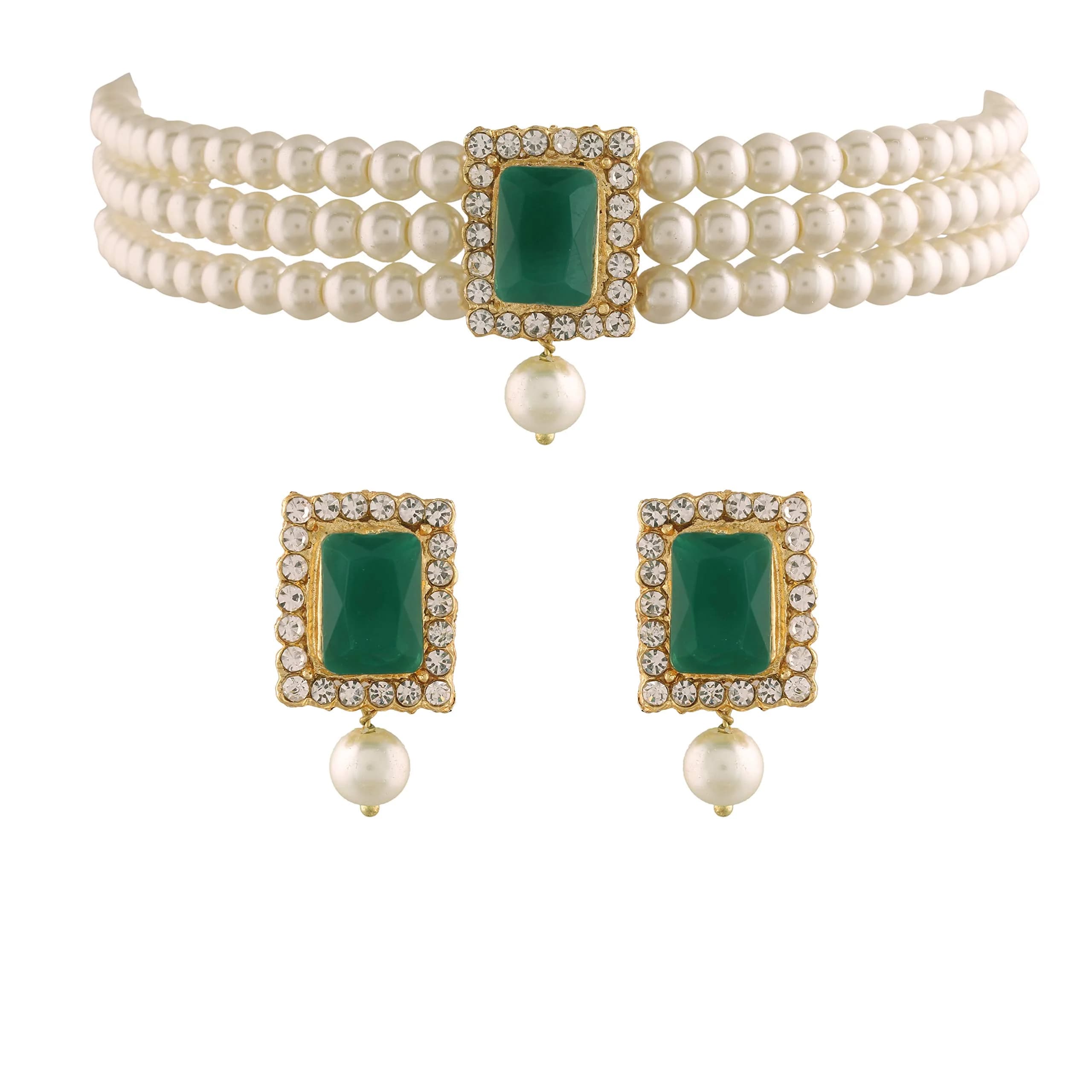 I Jewels Traditional Indian Wedding Bollywood Stone Pearl Choker Necklace & Earring Set Style 26 | 26 cm Necklace Length, 65 g Weight - main product image