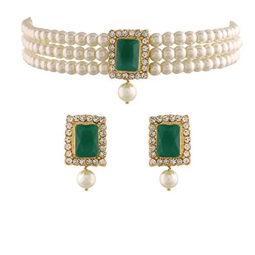 I Jewels Traditional Indian Wedding Bollywood Stone Pearl Choker Necklace & Earring Set Style 26 | 26 cm Necklace Length, 65 g Weight thumbnail 1