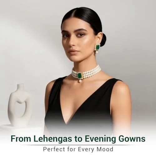 I Jewels Traditional Indian Wedding Bollywood Stone Pearl Choker Necklace & Earring Set Style 26 | 26 cm Necklace Length, 65 g Weight thumbnail 7