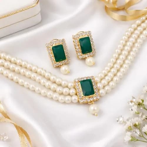 I Jewels Traditional Indian Wedding Bollywood Stone Pearl Choker Necklace & Earring Set Style 26 | 26 cm Necklace Length, 65 g Weight thumbnail 2