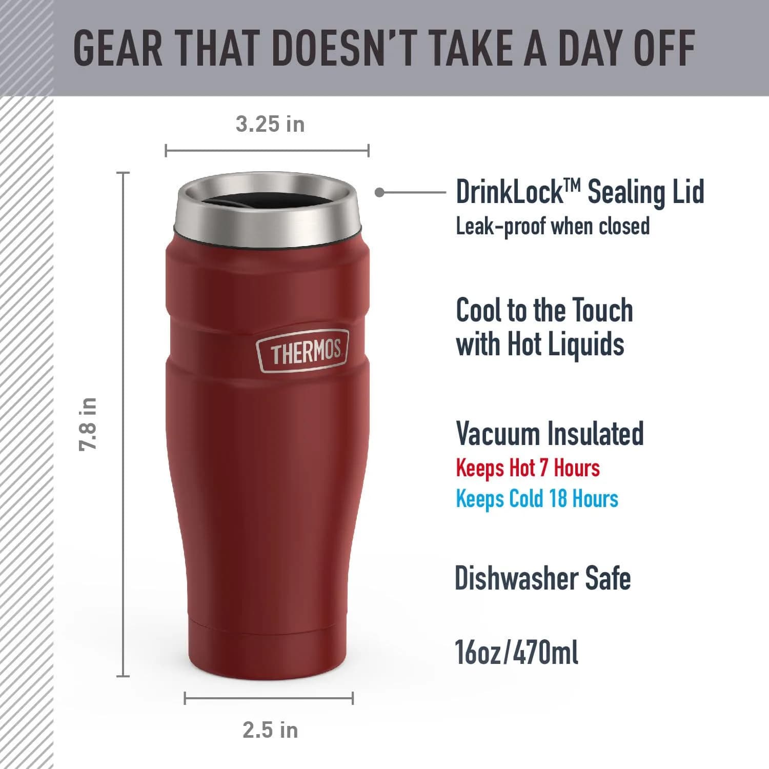 THERMOS Stainless King 16oz Travel Tumbler - Rustic Red | Hot 7 Hrs, Cold 18 Hrs - view 2