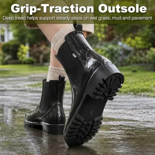 planone Black Chelsea Rain Boots for Women | Waterproof Ankle Height with Non-Slip Sole thumbnail 7