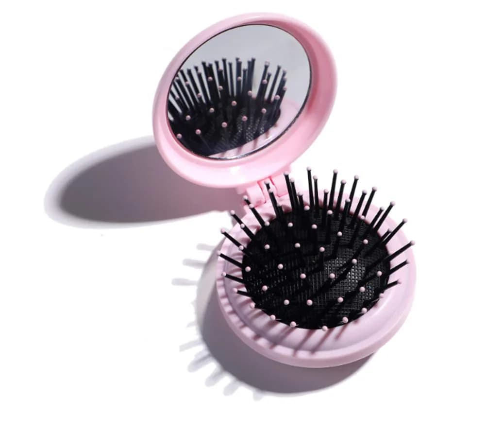 AKOAK Pink Folding Massage Comb with Mirror & Airbag Cushion, 6.5cm | Detangles & Massages Scalp - main product image