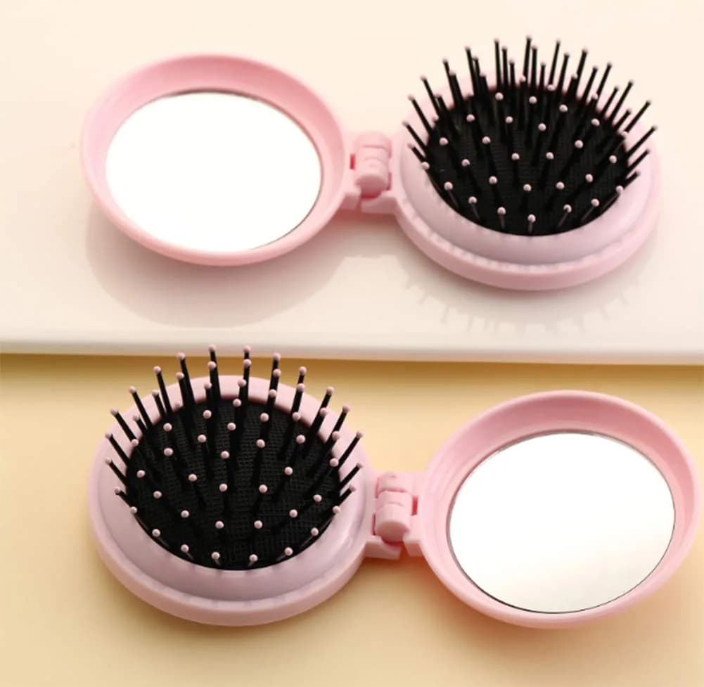 AKOAK Pink Folding Massage Comb with Mirror & Airbag Cushion, 6.5cm | Detangles & Massages Scalp - view 3
