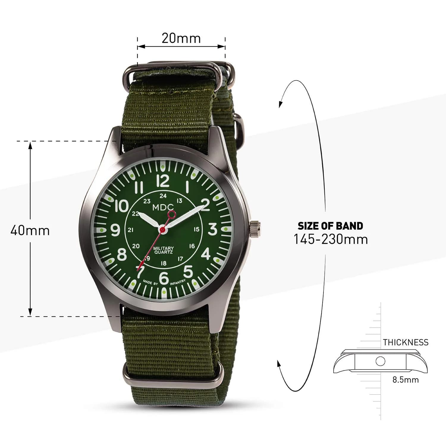 Infantry MDC Mens Military Field Watch 40mm Green Dial Olive Nylon Strap | Japanese Quartz Movement - view 6