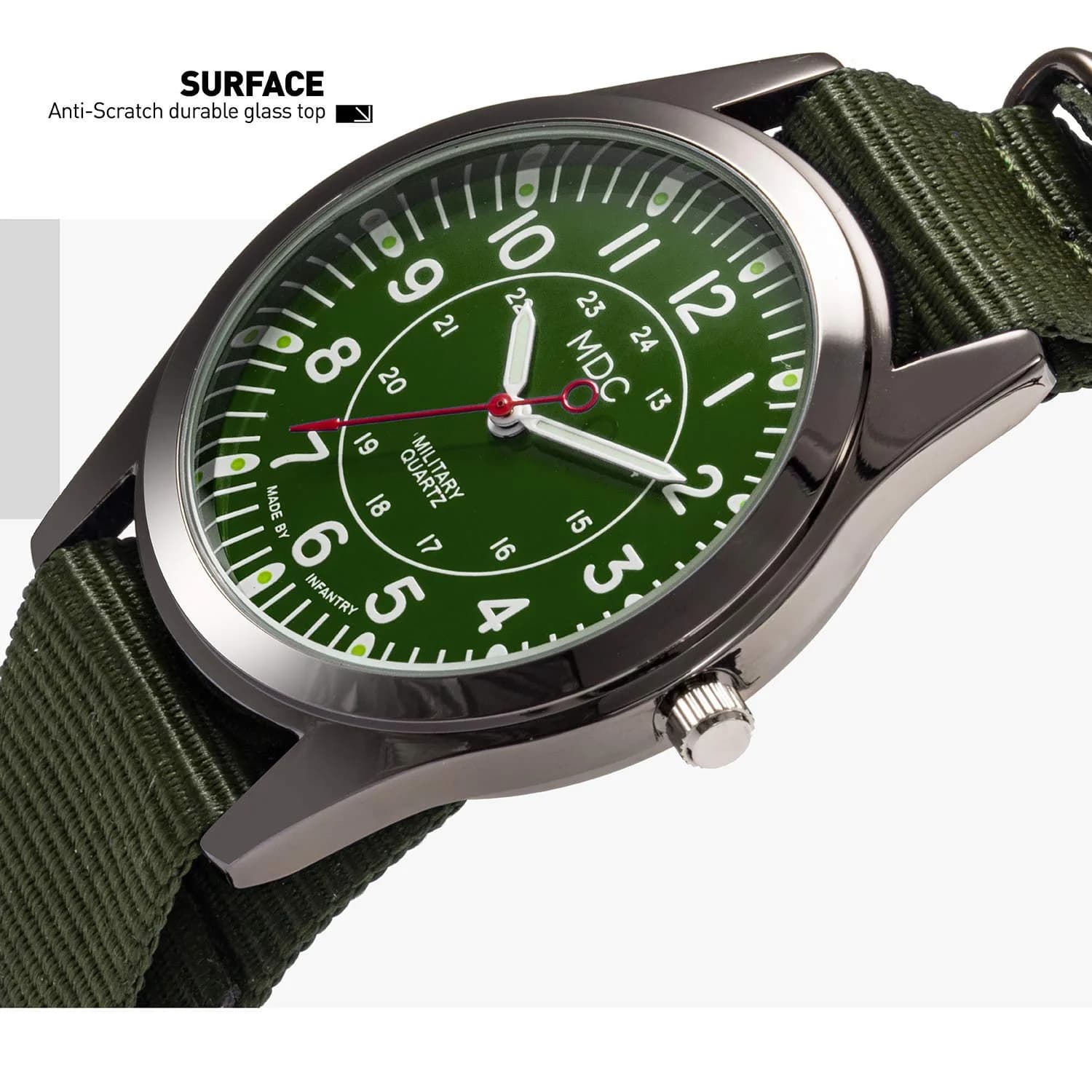 Infantry MDC Mens Military Field Watch 40mm Green Dial Olive Nylon Strap | Japanese Quartz Movement - view 8