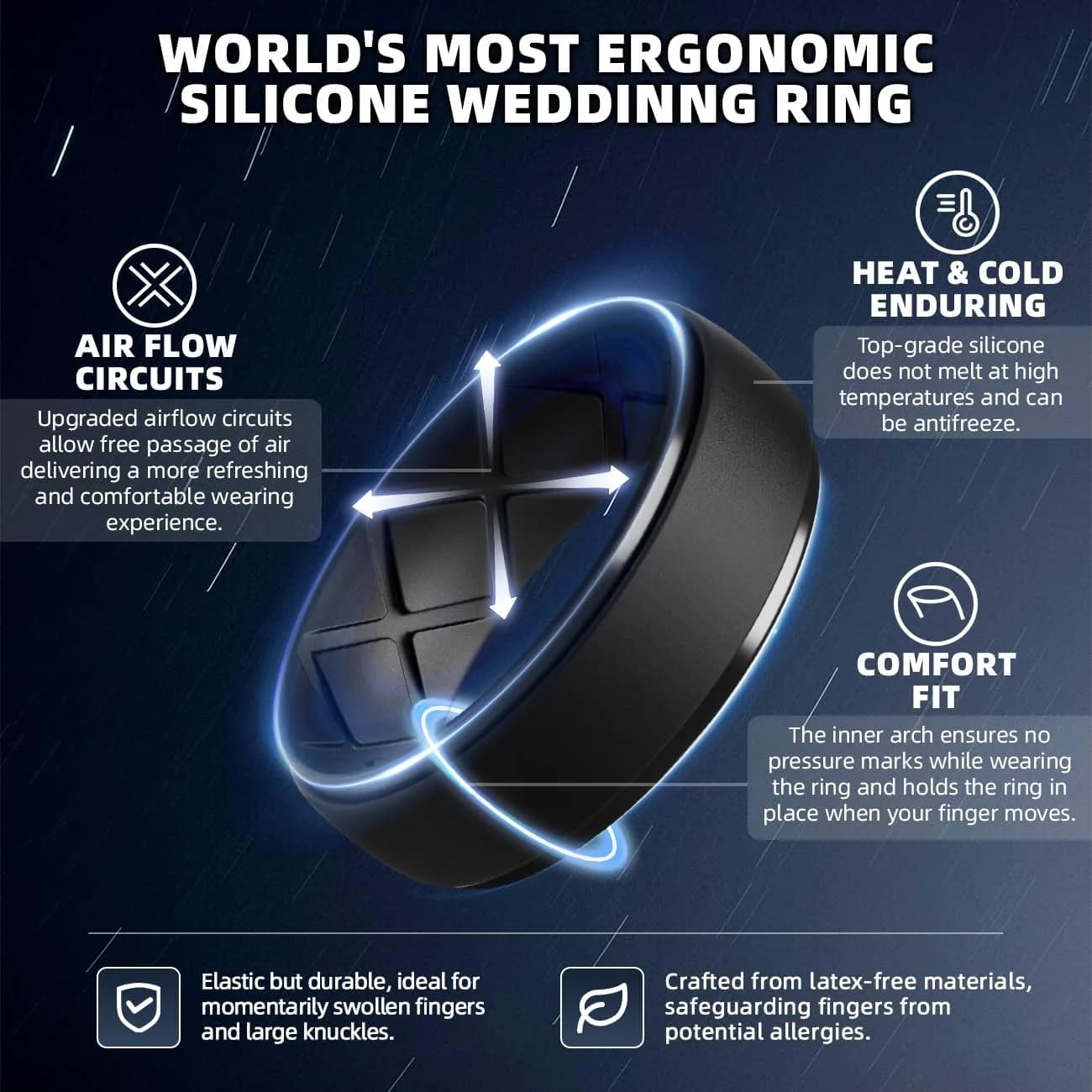 Egnaro Men's Silicone Wedding Ring Set Size 8 (10mm Wide, 2.5mm Thick) | Breathable Inner Arcs for Active Lifestyles — SETI-Black
